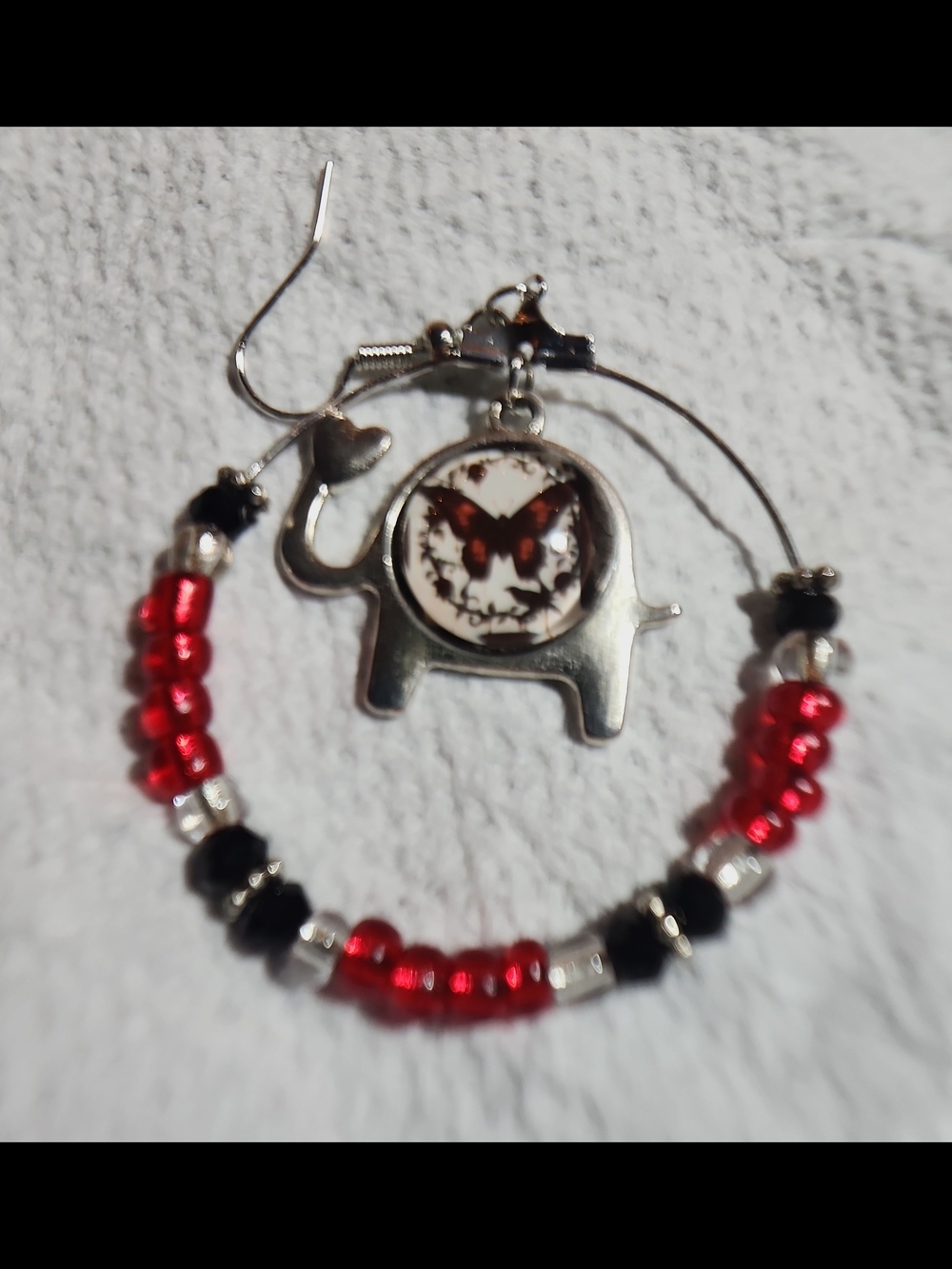 Silver Elephant Hoop Earrings with Red and Black Beads and Butterfly Accent